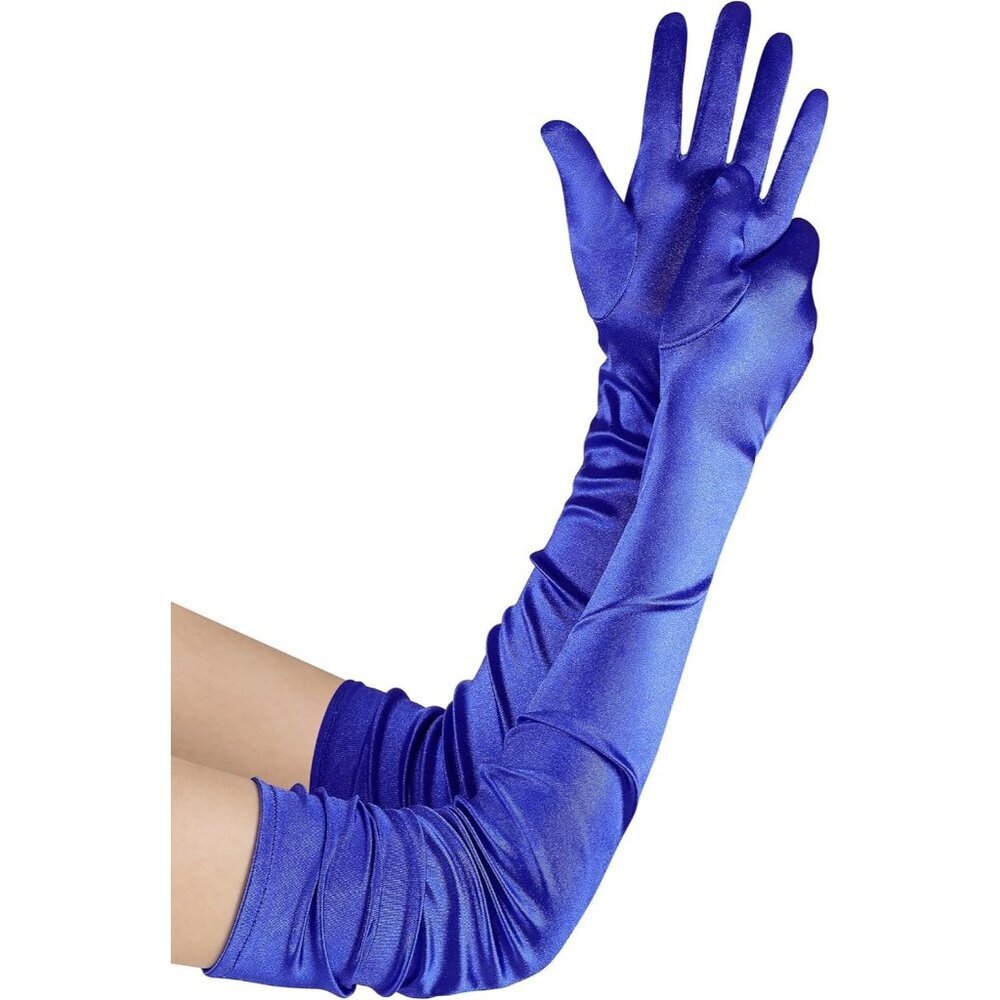 Women's Long Satin Gloves Dark Blue Stretchy Upper Arm Length Costume Design